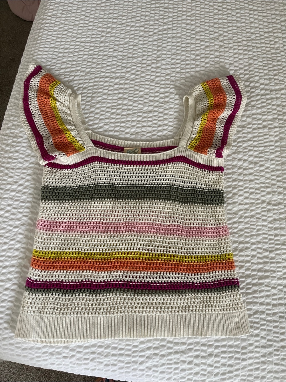 Cream Crochet Stripe Tank Top with Pink, Orange, Yellow & Green Accents